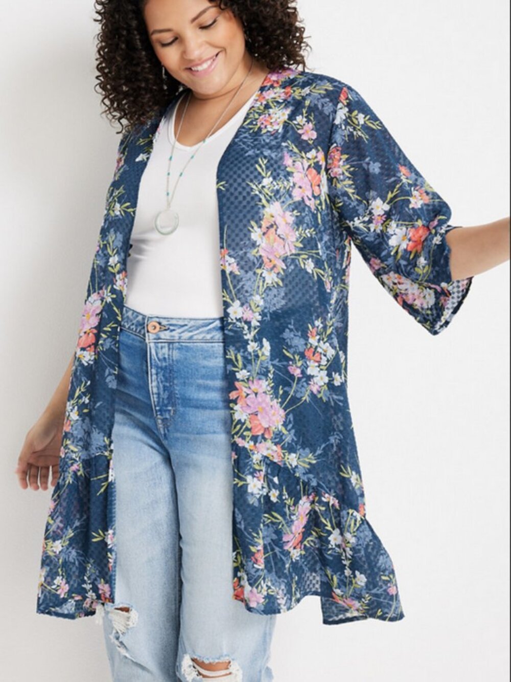 Maurices Kimono Duster Floral Textured Ruffle Hem Semi-Sheer Lightweight 1X NWT